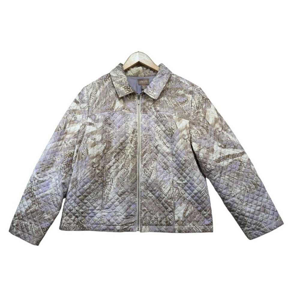 Chicos Womens Quilted Paisley Jacket Size 3 XL Purple Gray Shell Full Zip
